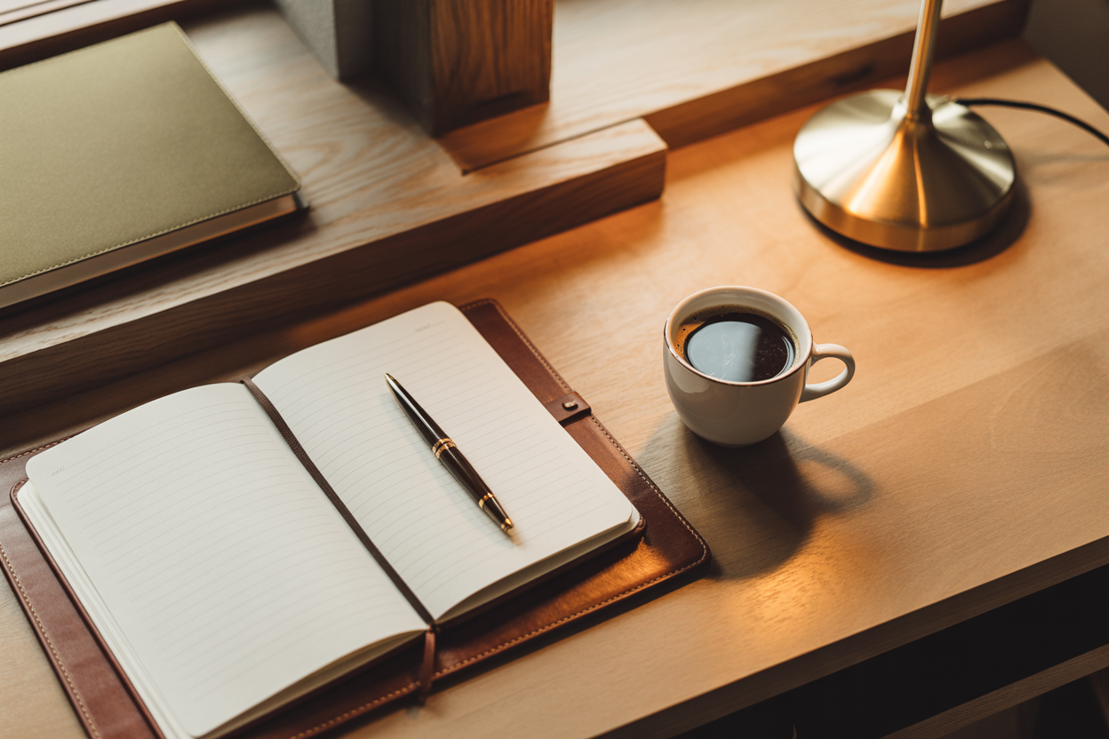 A leather notebook, fountain pen, and a cup of coffee on a wooden desk — the deliberate work of a consulting engagement